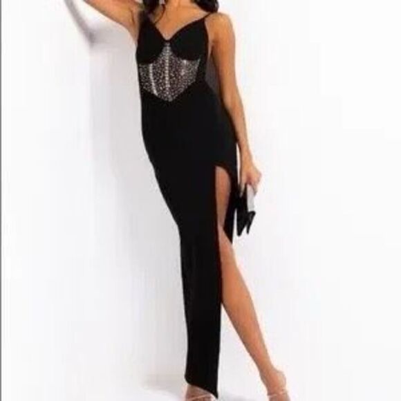 Black Rhinestone Mesh Evening Gown – Slit Maxi Dress, Size M - Picture 2 of 8